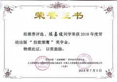 喜报—我校陈嘉俊同学荣获人社部“技能雏鹰”奖